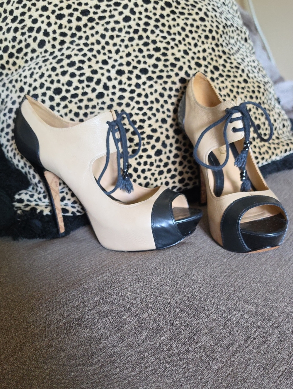 L.A.M.B. Elegant Two-Tone Lace-Up Platform Heels in Beige and Black